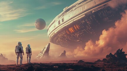 Wall Mural - two astronauts standing on a desolate planet with a large spaceship overhead