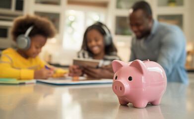 A pink piggy bank on a kitchen counter with a family working in the background.