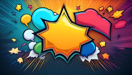 A colorful comic book-style burst graphic featuring vibrant shapes and stars, ideal for emphasizing dynamic content or messages.