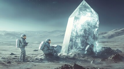 Wall Mural - astronauts exploring a crystal monolith on an alien planet