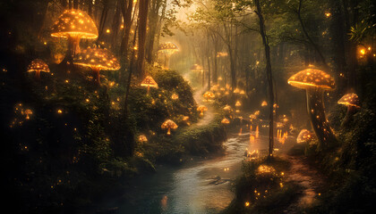 A mystical forest with glowing mushrooms, winding rivers, and floating islands, creating a magical and otherworldly feel