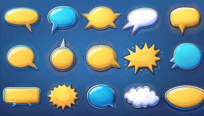 Colorful speech bubbles in various shapes and sizes against a blue background, ideal for communication and messaging graphics.