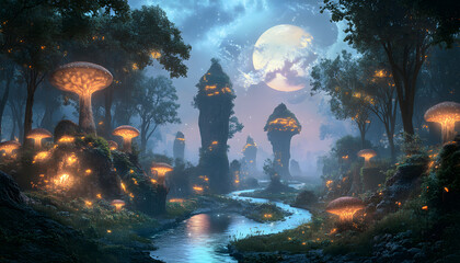 A mystical forest with glowing mushrooms, winding rivers, and floating islands, creating a magical and otherworldly feel