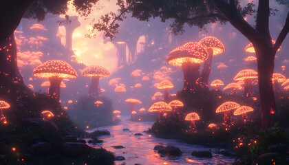 A mystical forest with glowing mushrooms, winding rivers, and floating islands, creating a magical and otherworldly feel