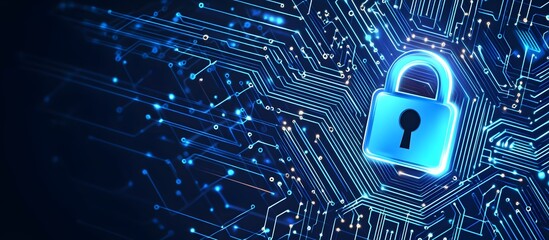 Poster - Blue digital security background with a lock symbol and circuit board patterns, representing data protection or cyber privacy concepts.