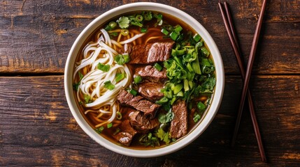 Wall Mural - Beef Noodle Soup with Fresh Herbs