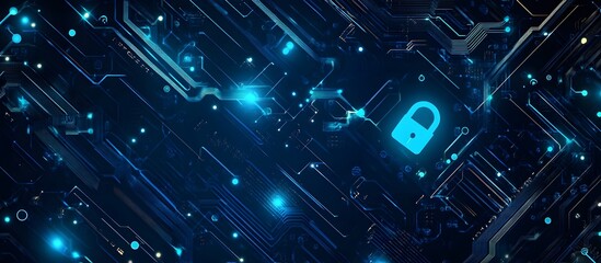 Poster - Blue digital security background with a lock symbol and circuit board patterns, representing data protection or cyber privacy concepts.