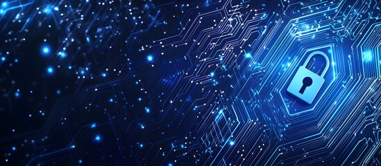 Poster - Blue digital security background with a lock symbol and circuit board patterns, representing data protection or cyber privacy concepts.