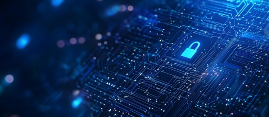 Poster - Blue digital security background with a lock symbol and circuit board patterns, representing data protection or cyber privacy concepts.
