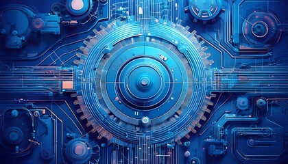 Poster - A vibrant blue circuit board design featuring intricate patterns and shapes, representing technology and modern digital innovation.