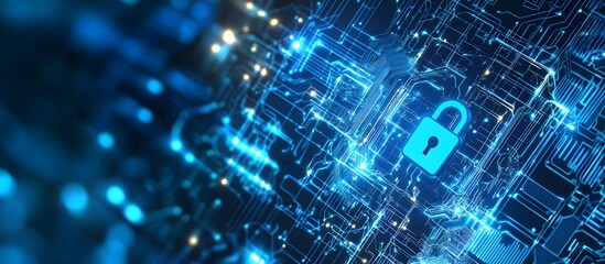 Poster - Blue digital security background with a lock symbol and circuit board patterns, representing data protection or cyber privacy concepts.