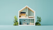 © Nattapol - A cross section of modern house showcasing renewable energy features, with cozy interior design and greenery surrounding structure. layout includes bedroom, living area, and workspace, emphasizing sus