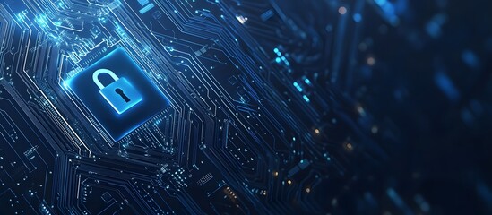 Poster - Blue digital security background with a lock symbol and circuit board patterns, representing data protection or cyber privacy concepts.