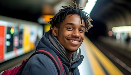 Wall Mural - Young man smiling at subway station checkout