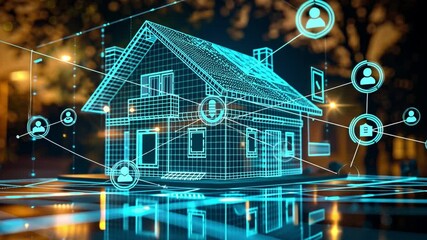 Poster - A futuristic representation of a smart home glows against a dark background, showcasing digital icons for security, connectivity, and automation while reflecting on the ground.