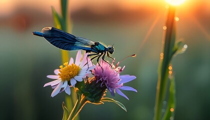 Morning light illuminating a Polish blue damselfly resting on a vibrant flower in its natural habitat