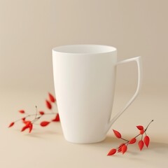 Wall Mural - White ceramic mug with a curved handle, isolated on a beige background, surrounded by red berries