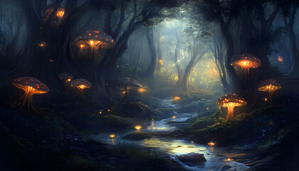 A mystical forest with glowing mushrooms, winding rivers, and floating islands, creating a magical and otherworldly feel