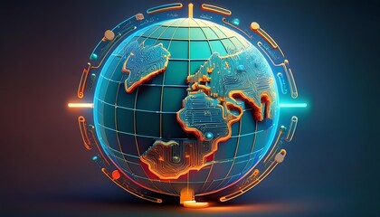 Wall Mural - A glowing, futuristic globe with vibrant colors, accentuated by a grid pattern, representing a digital Earth in a high-tech environment.