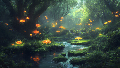 A mystical forest with glowing mushrooms, winding rivers, and floating islands, creating a magical and otherworldly feel