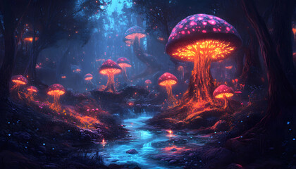 A mystical forest with glowing mushrooms, winding rivers, and floating islands, creating a magical and otherworldly feel