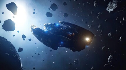 Wall Mural - futuristic spaceship navigating an asteroid field