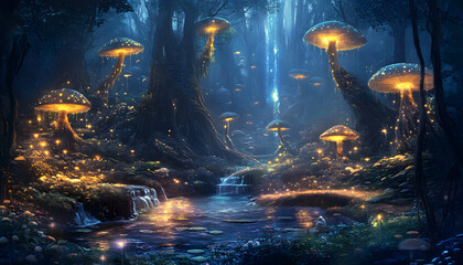 A mystical forest with glowing mushrooms, winding rivers, and floating islands, creating a magical and otherworldly feel