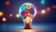 © Pastel - A vibrant light bulb filled with colorful gears, symbolizing innovation and creativity against a dreamy background of glowing orbs.