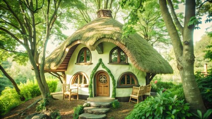 A whimsical, moss-covered, round house with arched windows in a lush green forest.