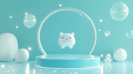 Sticker - A cute, animated character floats in a pastel blue environment with bubbles and sparkles.