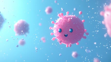 A cheerful, cartoonish virus with a smiling face, floating in a colorful microscopic environment.