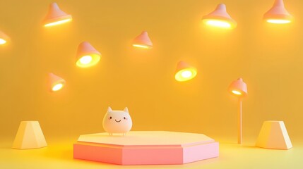 Sticker - A cute cat figure on a pink stage under warm yellow lights in a playful setting.