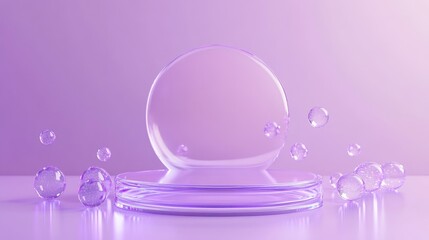 Canvas Print - A minimalist display featuring a translucent sphere and bubbles on a soft purple background.