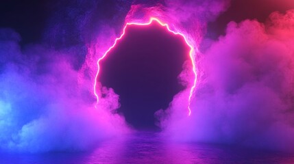 Wall Mural - Neon frame in the wall with a hole. A neon light portal with vibrant pink and blue colors surrounded by thick smoke, set against a textured wall.