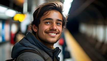 Wall Mural - Young man smiling at subway station checkout