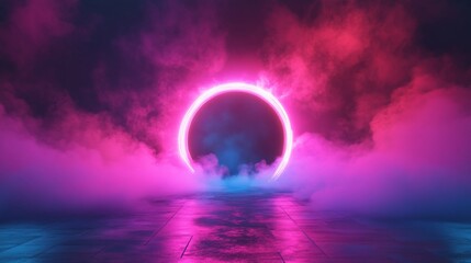 Wall Mural - Neon Ring frame in black wall. A glowing neon circle with pink and blue lights surrounded by a smoky atmosphere on a dark background, creating a futuristic vibe