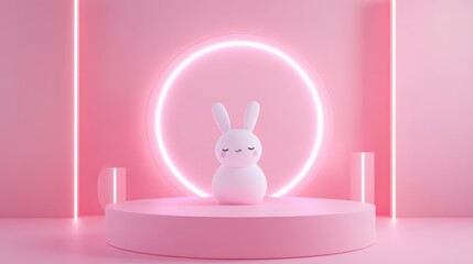 Sticker - A cute, minimalist bunny figure on a pink stage with glowing neon accents.