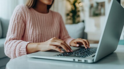 A woman typing on a laptop in a cozy, modern living room, showcasing a blend of technology and comfort.