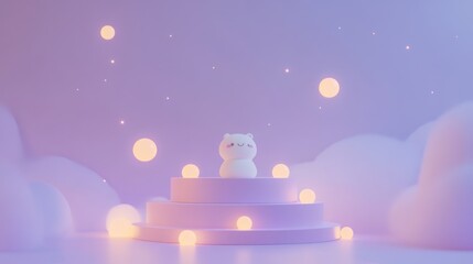 Sticker - A cute, minimalist character on a pedestal surrounded by soft lighting and clouds.