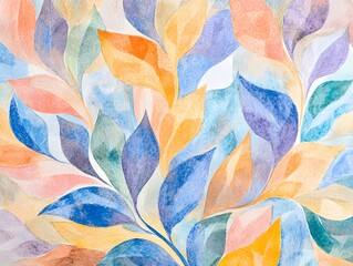 Fototapete - Close-up of an abstract watercolor drawing, with soft colors, waves, and leaves 