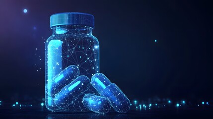 
Plastic bottle with two abstract blue medical drug capsules. Healthcare medical and pharmacy concept. Low poly style. Geometric background Wireframe light connection structure Modern 3d graphic