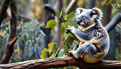 Wall Mural - Koala Bear Eating Leaves While Sitting on a Tree Branch