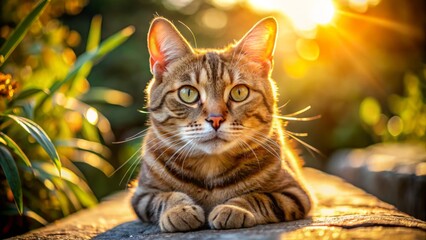 A striking tabby cat basks in the warm sunlight, flaunting its stunning fur patterns and playful expression, delighting