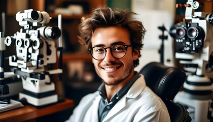 Smiling young optician seated with a welcoming demeanor