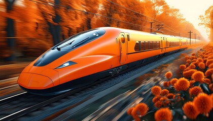 Wall Mural - orange futuristic train speeding through a modern skyline