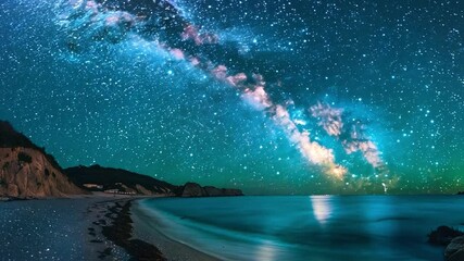 Poster - Stars fill the night sky above a peaceful beach, while the Milky Way illuminates the water, creating a serene and breathtaking seaside view.
