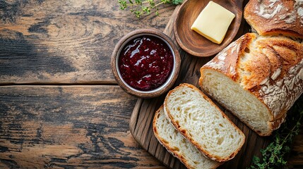 Rustic Wooden Board with Freshly Sliced Bread, Berry Jam, and Butter