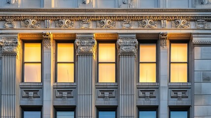 Canvas Print - Close-up of ornate architectural details on a building with illuminated windows.