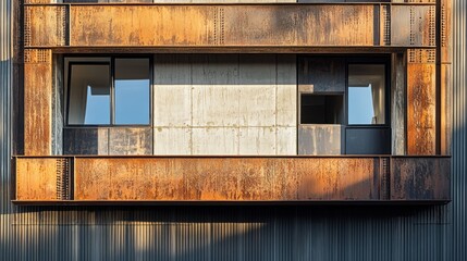 Sticker - A modern building facade featuring rusted metal and concrete elements with large windows.