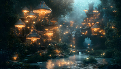 A mystical forest with glowing mushrooms, winding rivers, and floating islands, creating a magical and otherworldly feel